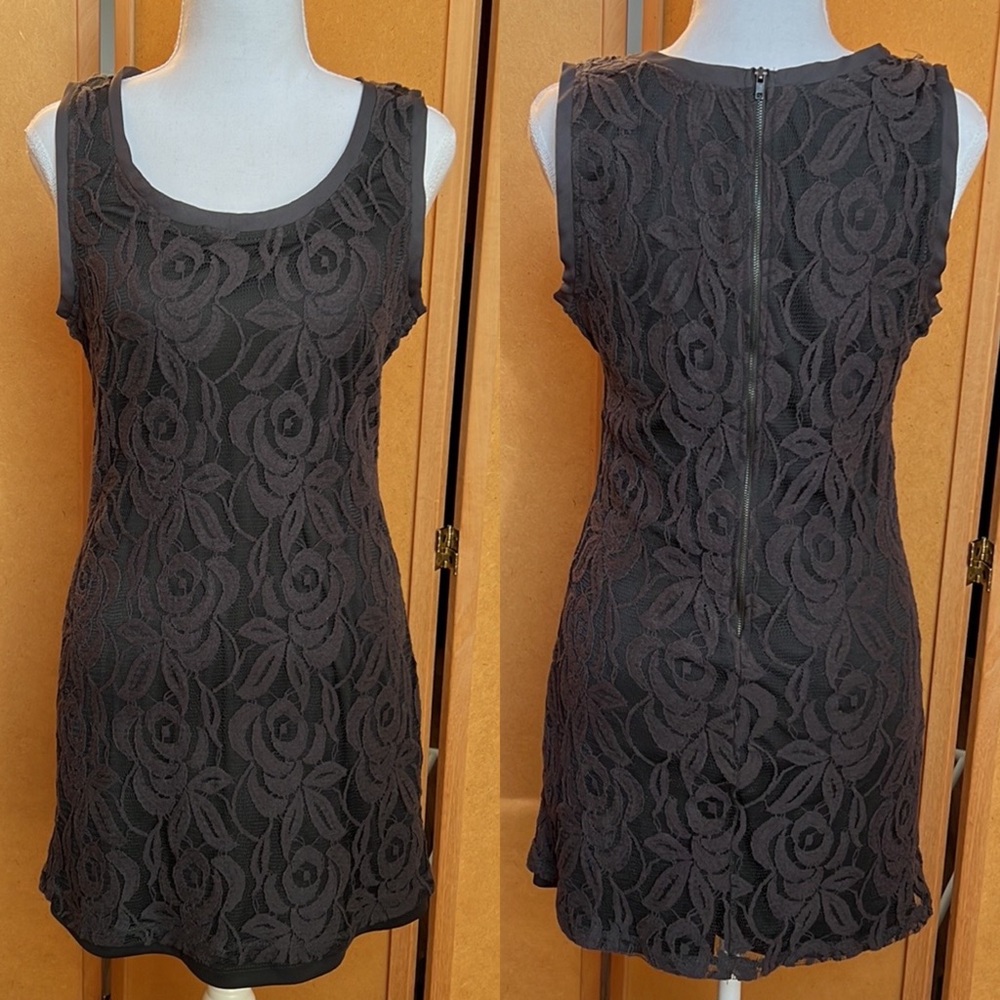 Dark gray stretchy lace dress with lined layer. Size Medium